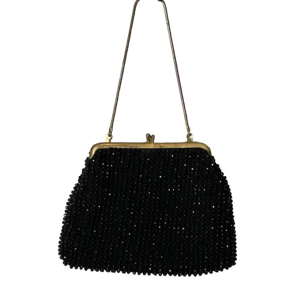 Black Mademoiselle VTG Hand Beaded Sequined‎ Evening Bag Clutch Night Out Party